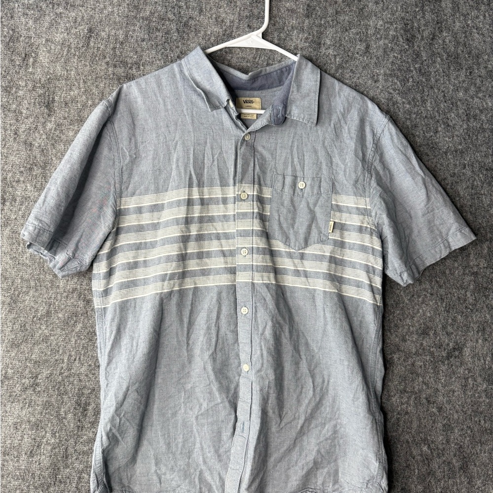 Vans Button Up Shirt Gray Short Sleeve Striped Pocket Tailored Fit Size L
